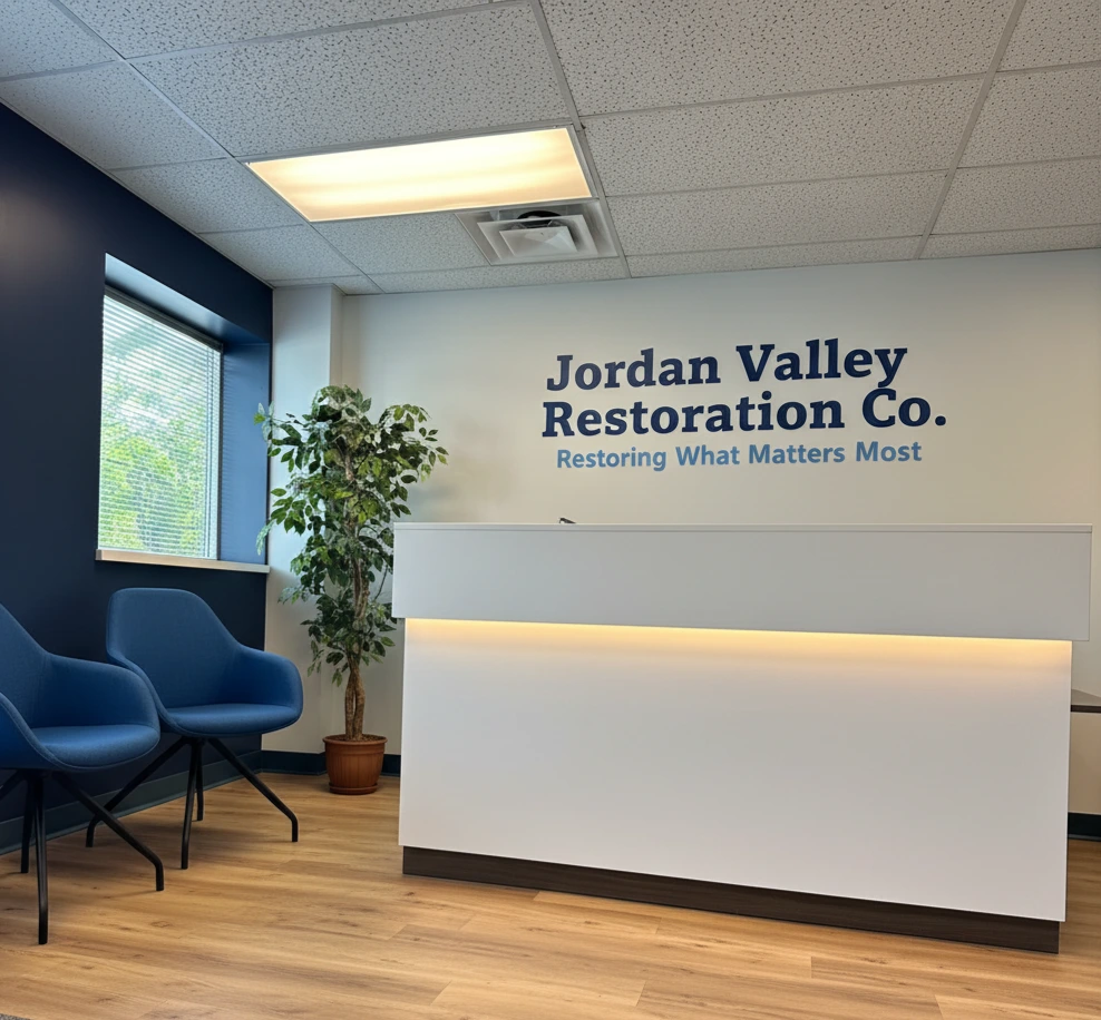 Jordan Valley Restoration Co office interior with company logo on wall
