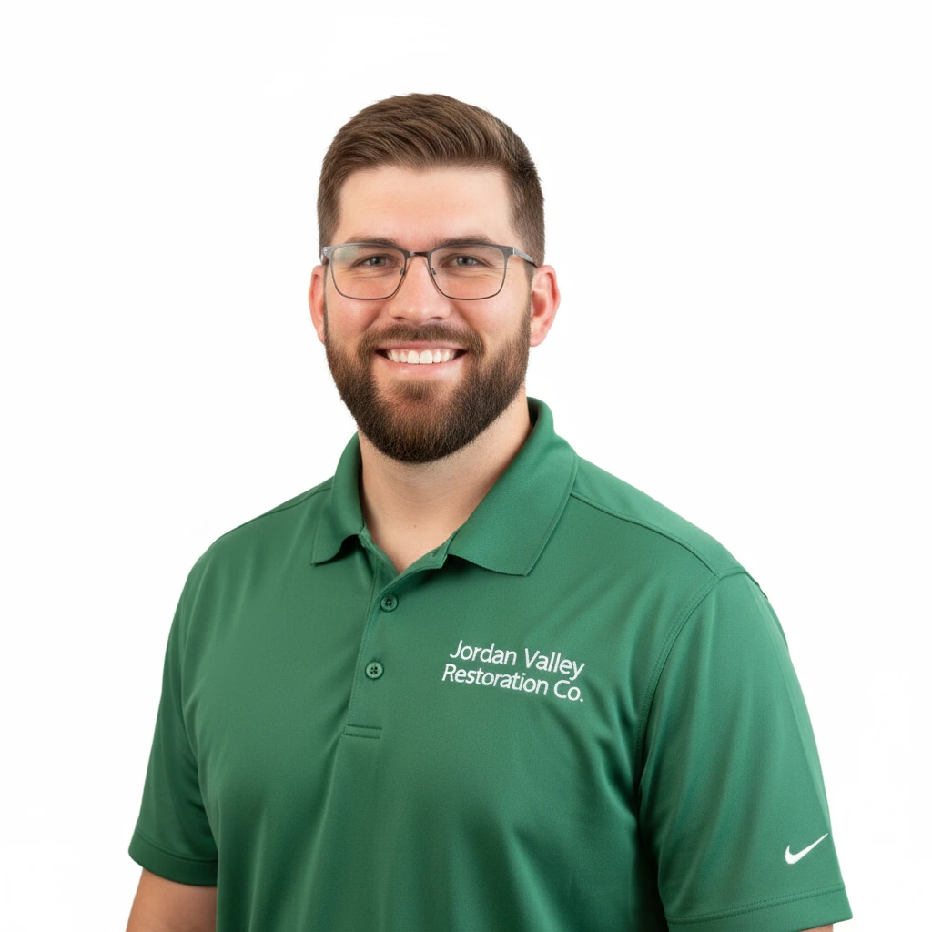 Joseph Moore, owner of Jordan Valley Restoration Co, wearing company branded shirt